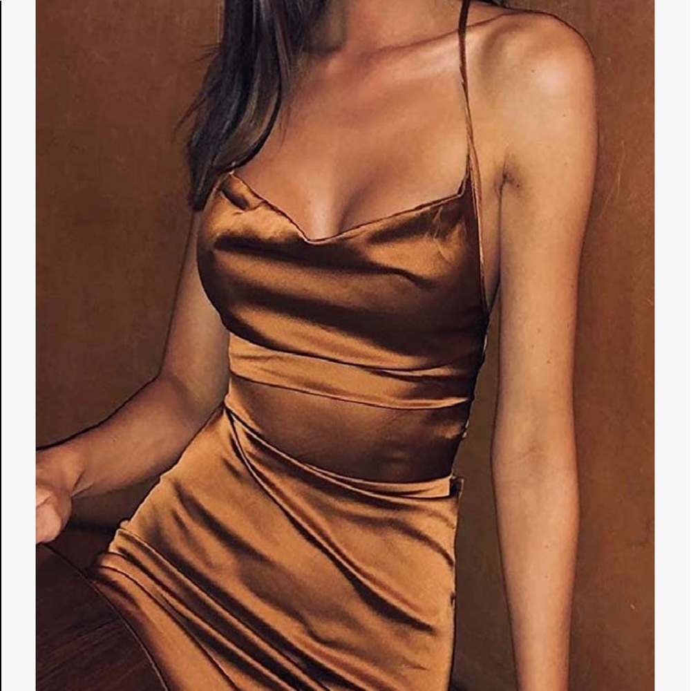 AmaOn satin effect brown lace up Long dress